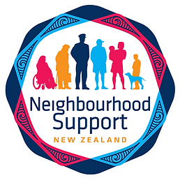 Logo of Neighbourhood Support New Zealand. Graphic of seven people (including one in a wheel chair, one with a dog, a person using a walking stick, an adult holding a child). Border features a koru pattern.