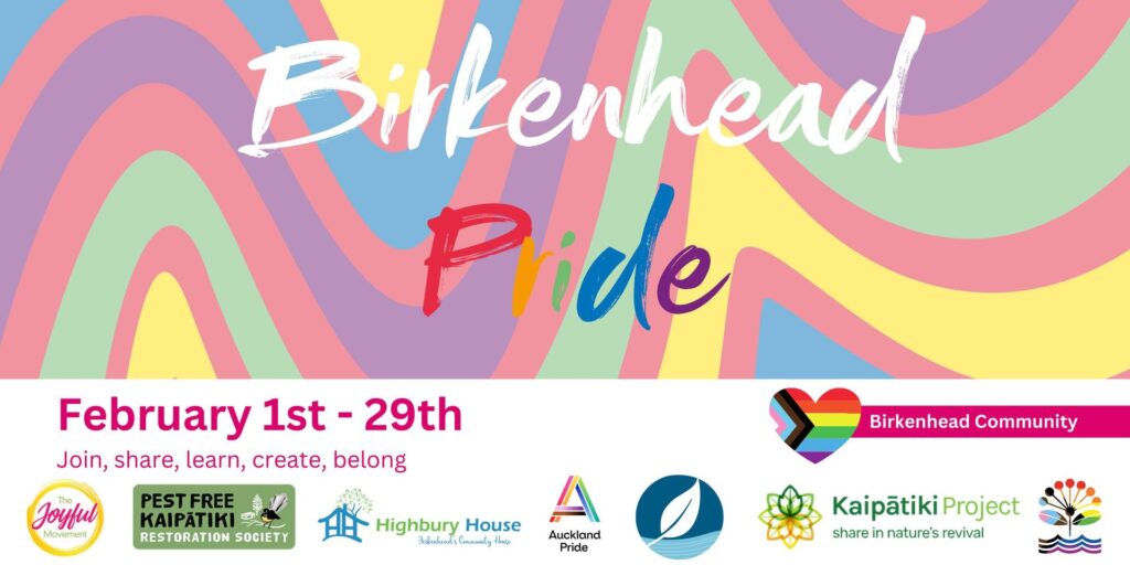 'Birkenhead Pride' on a multi-coloured background. February 1st-29th. 'Join, share, learn, create, belong.' Logos of partnered organisations and a rainbow heart next to the words 'Birkenhead Community.'