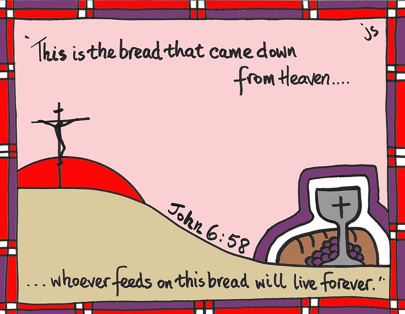 Picture of the cross and a communion cup, bread and grapes. 'This is the bread that came down from Heaven ... whoever feeds on this bread will live forever.'