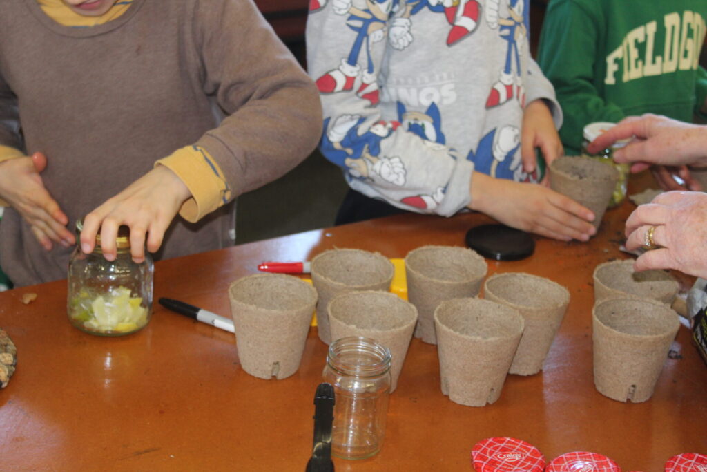 A photo showing children's hands. They are planting some seedlings