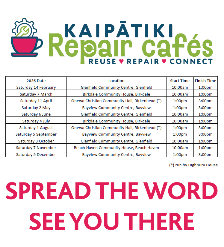 The image shows a list of repair cafes which take place across Kaipātiki during 2026. The first Repair Cafe at OCC is on Saturday 11th April between 1-3pm at 172 Hinemoa Street.